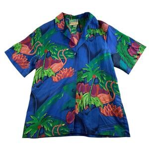 Vtg Sz 10 Florida Cheryl Tieg Shirt Blue Flamingo Palm Hawaiian 90s USA Resort